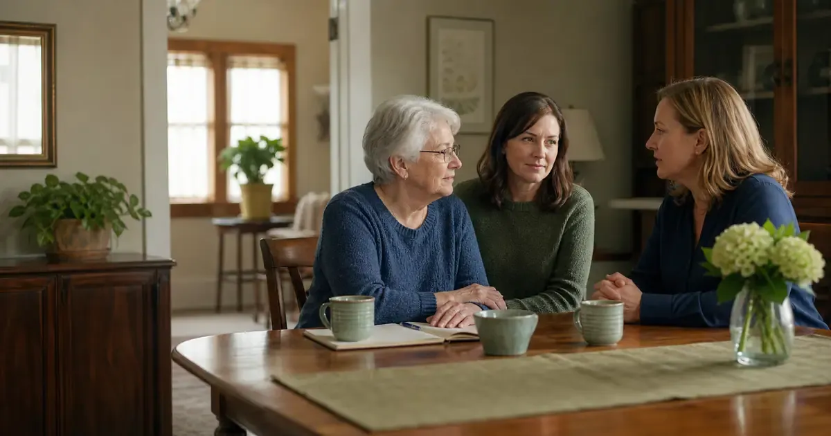 An older woman and her adult daughter meeting with a home care professional at home
