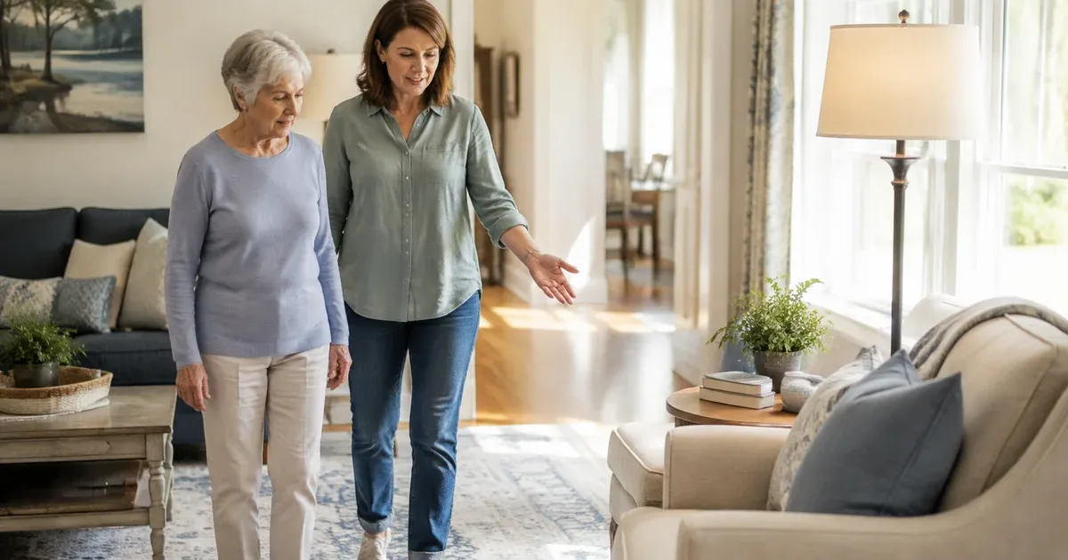 An older woman and her adult daughter reviewing a bright, clear walking path at home