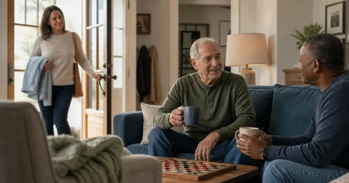 An older man enjoying a companion visit while his adult daughter leaves to handle errands