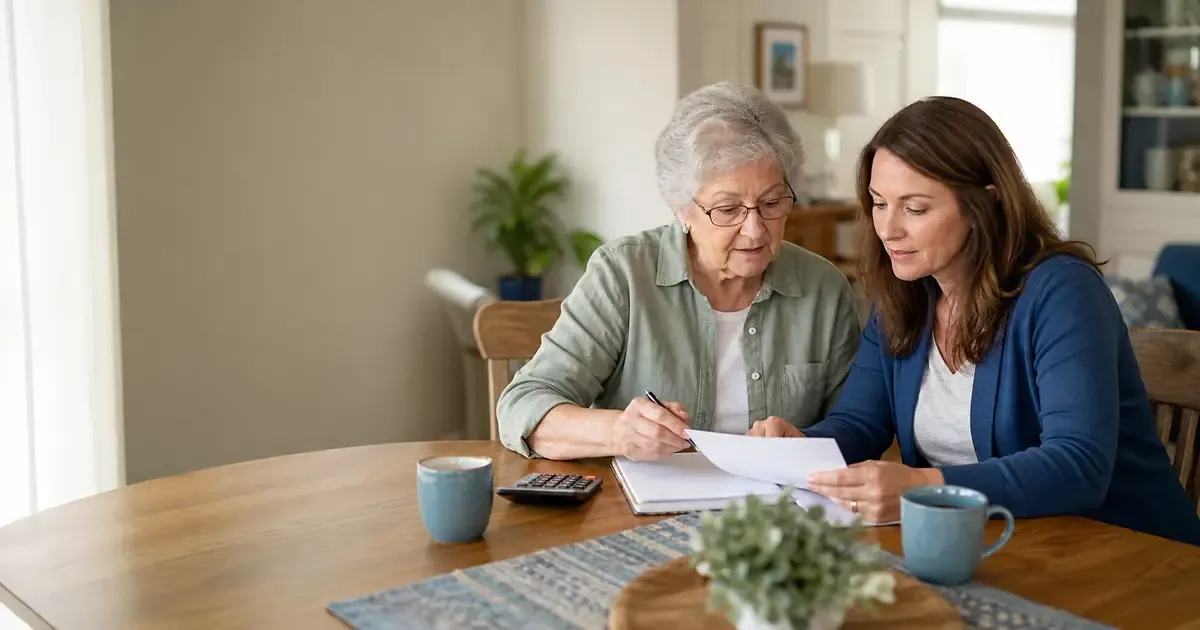 An older woman and her adult daughter reviewing a household care budget together