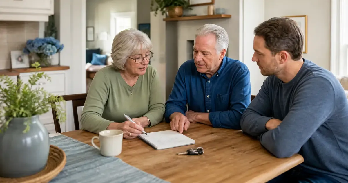 An older couple and their adult son discussing care choices together at home