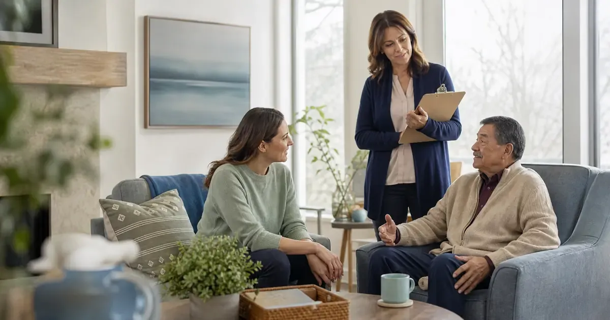 An older man talking with a companion caregiver and a visiting home health professional